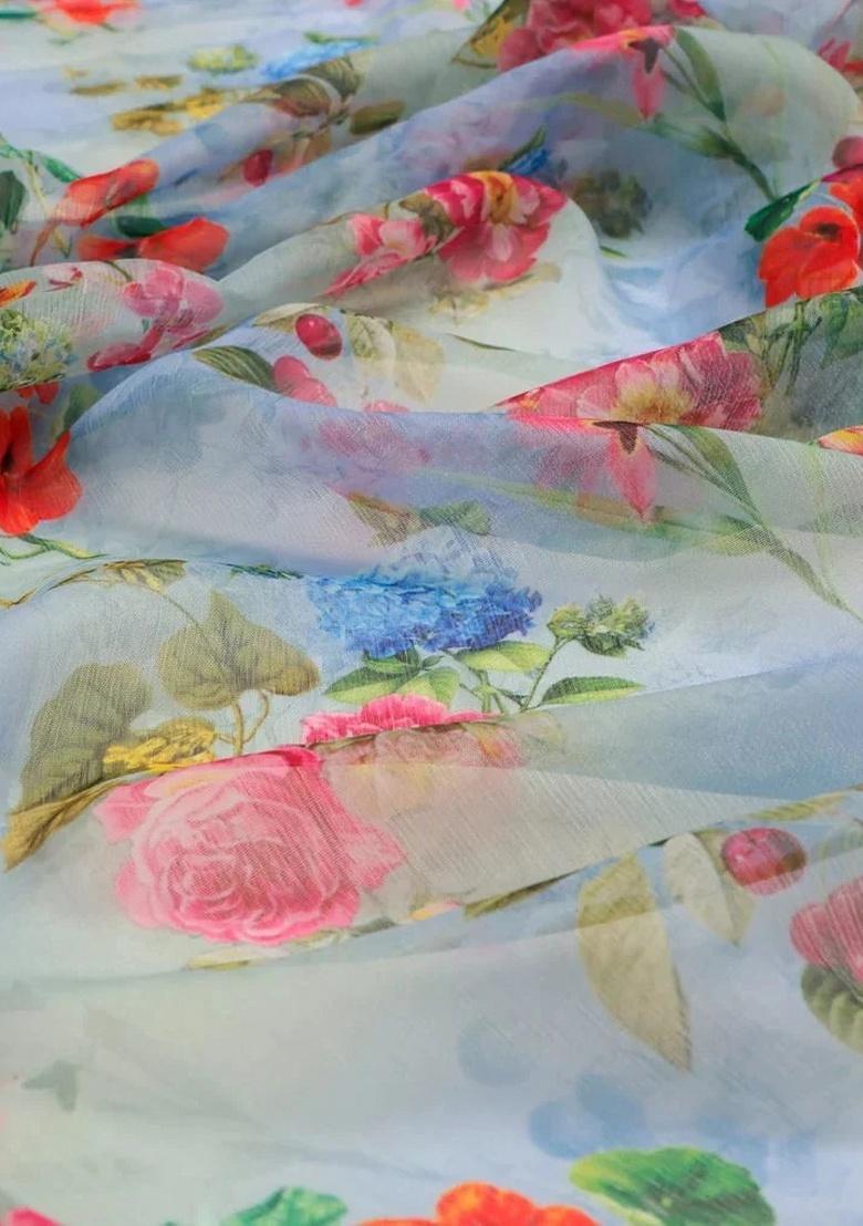 Light Blue Floral Print Organza Gown Set - Indya