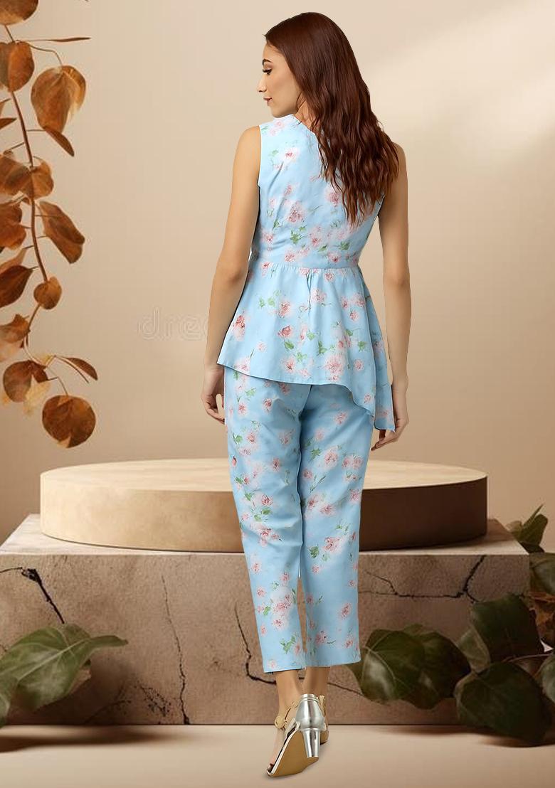 Pastel Blue Satin Floral Printed Fusion Set - Indya
