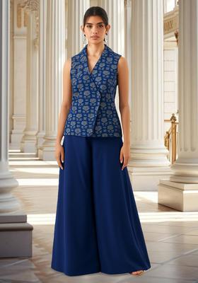 Blue Printed Silk Blend Co Ord Set