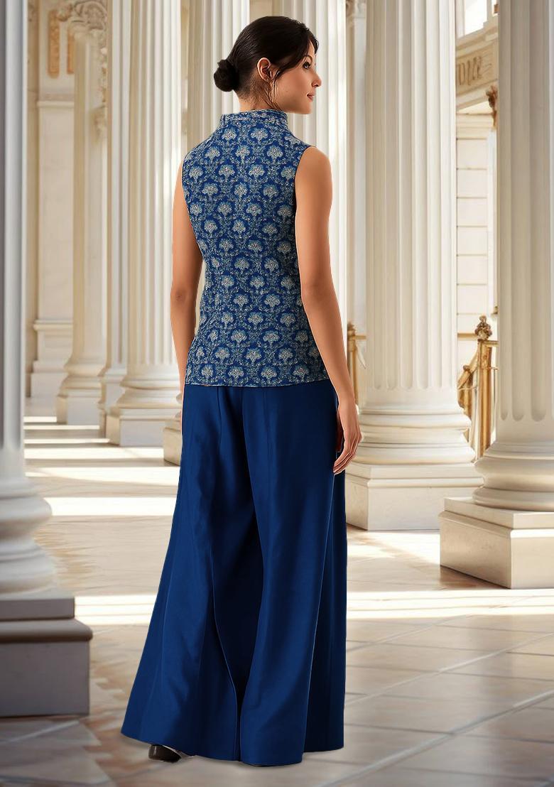 Blue Printed Silk Blend Co Ord Set - Indya