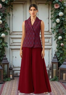 Maroon Jacquard Silk Blend Sharara Set