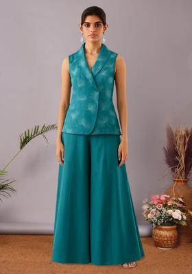 Teal Blue Printed Silk Blend Co Ord Set