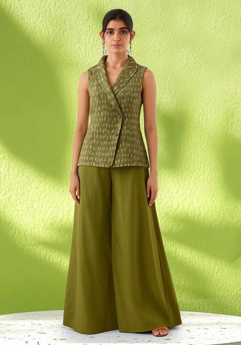 Sage Green Printed Silk Blend Co Ord Set