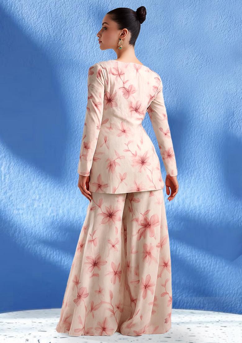 Cream Floral Printed Georgette Fusion Set - Indya