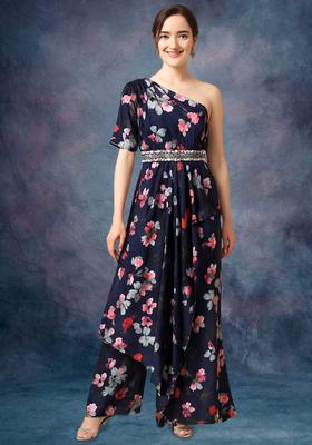 Navy Blue Crepe Floral Printed Fusion Set