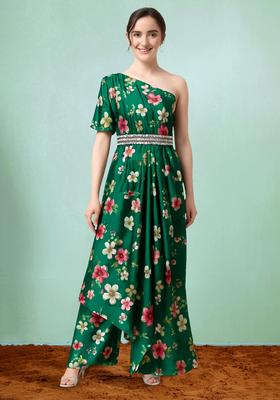 Teal Green Crepe Floral Printed Fusion Set