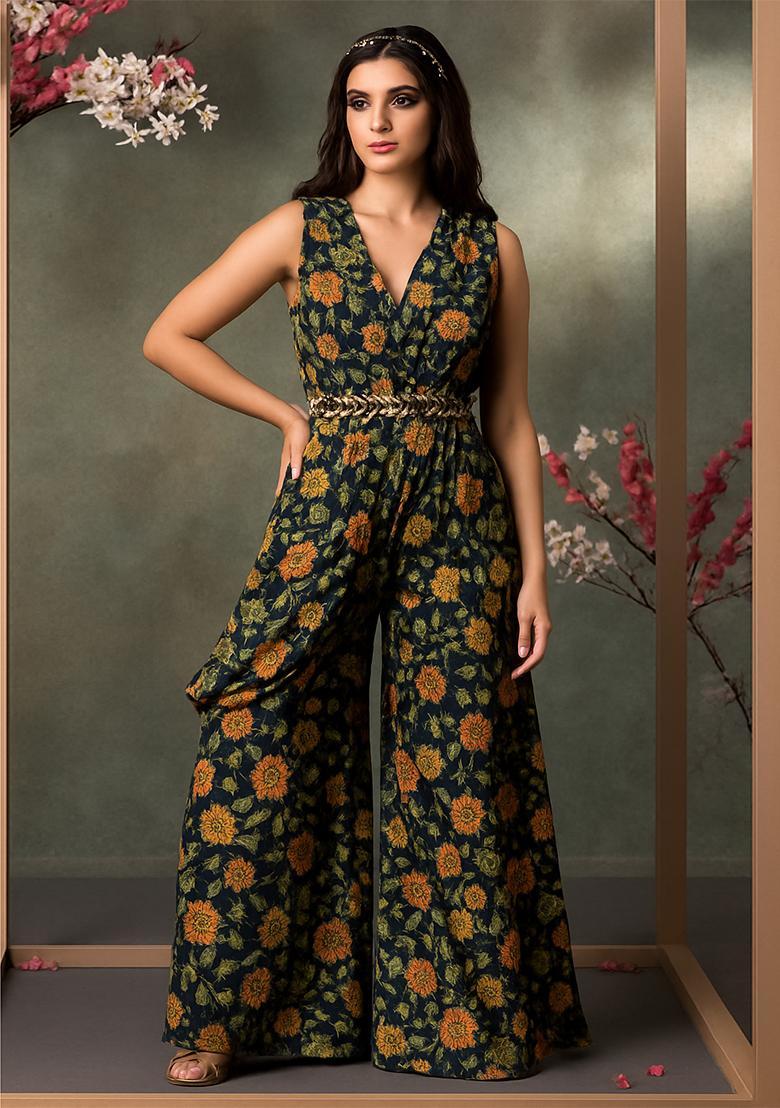 Navy Blue Floral Printed Georgette Fusion Set - Indya