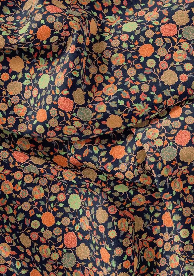 Navy Blue Floral Printed Georgette Fusion Set - Indya