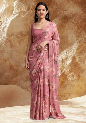 Pink Floral Printed Satin Pre Draped Saree Set