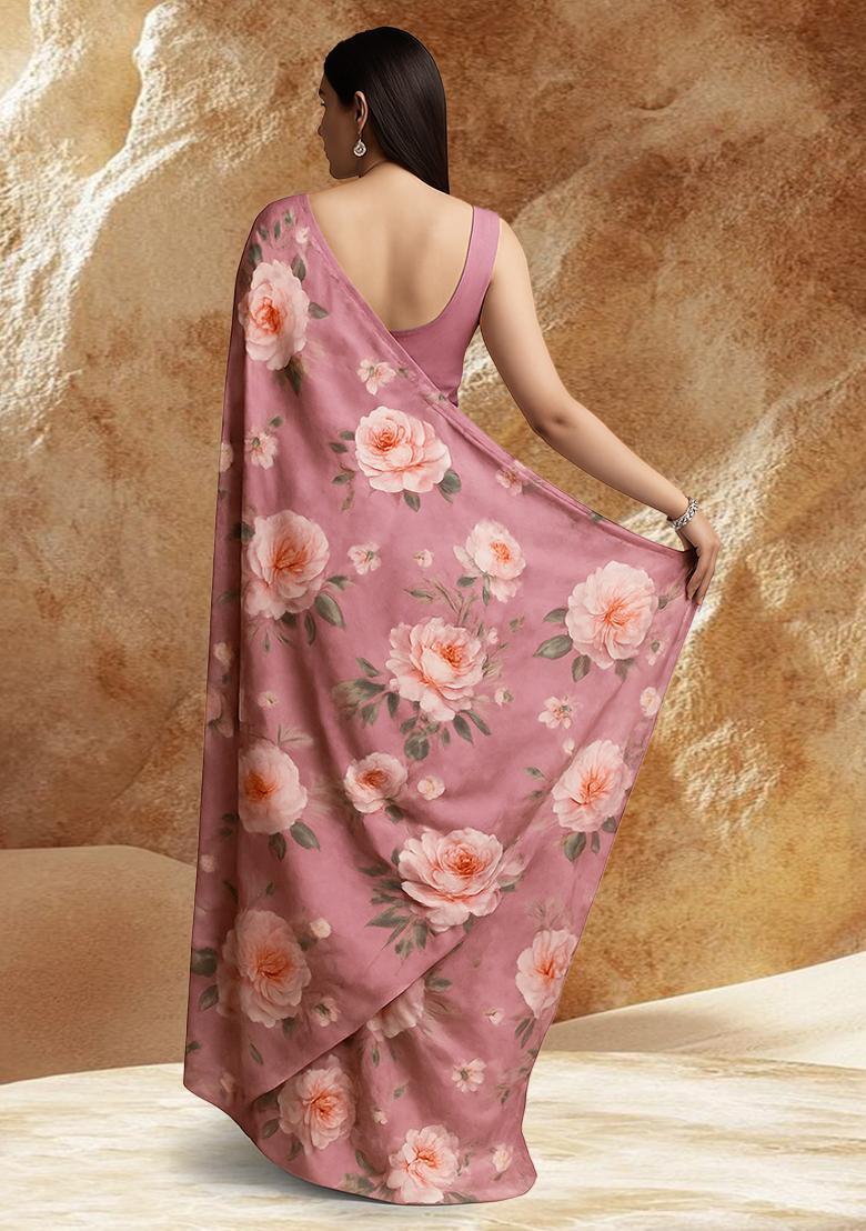 Pink Floral Printed Satin Pre Draped Saree Set - Indya