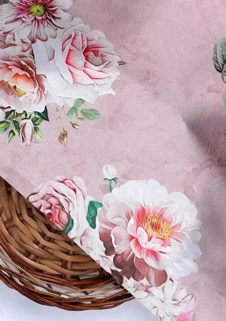 Pink Floral Printed Satin Pre Draped Saree Set - Indya
