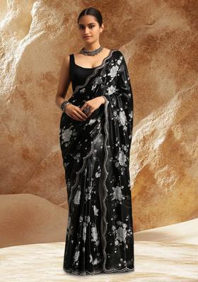 Black Organza Floral Printed Pre Draped Saree Set