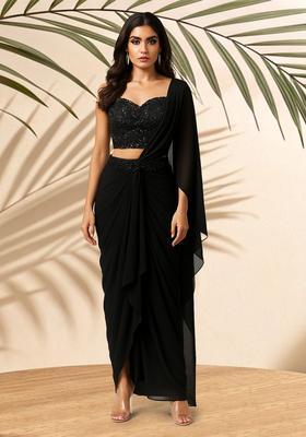 Black Embellished Blouse Georgette Pre Draped Saree Set