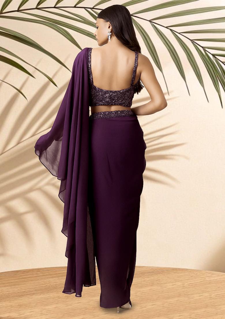 Purple Embellished Blouse Georgette Pre Draped Saree Set - Indya