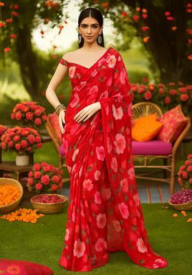Red Floral Printed Georgette Pre Draped Saree Set