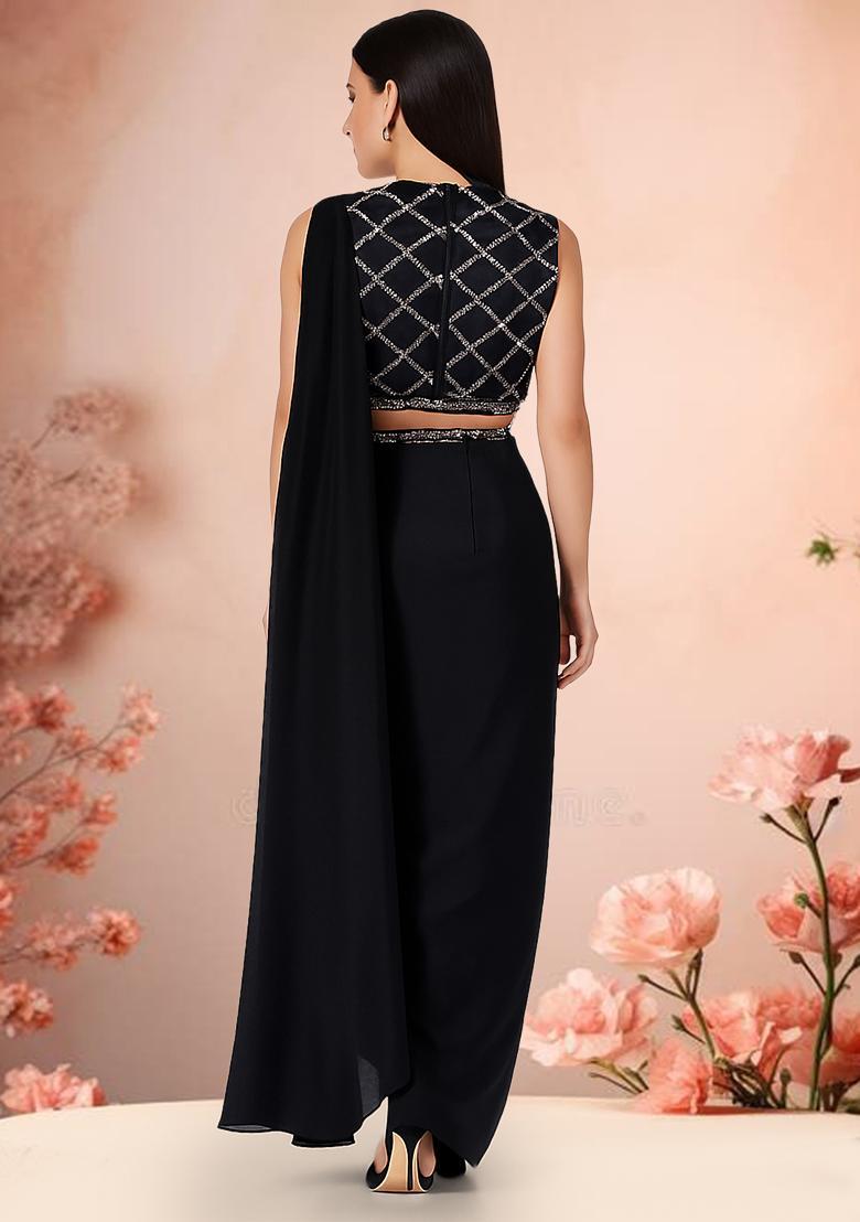 Black Sequin Embroidered Blouse Georgette Pre Draped Saree Set - Indya