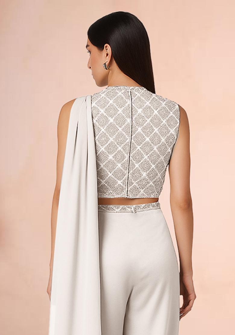 White Sequin Embroidered Blouse Georgette  Pre Draped Saree Set - Indya