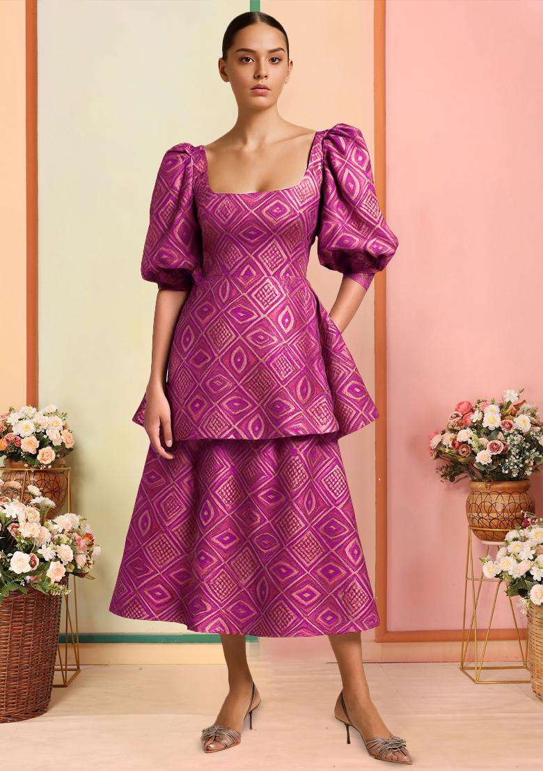 Pink And Purple Brocade Dress - Indya