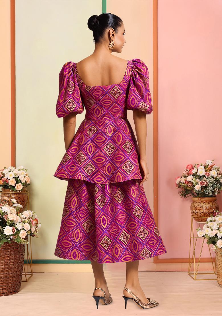 Pink And Purple Brocade Dress - Indya
