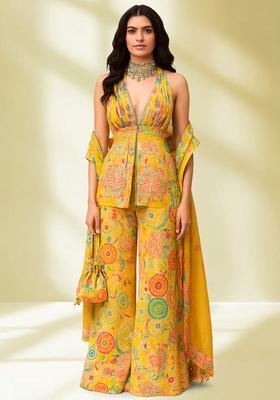 Yellow Chinon Abstract Printed Fusion Set