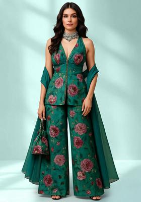 Green Chinon Floral Printed Fusion Set