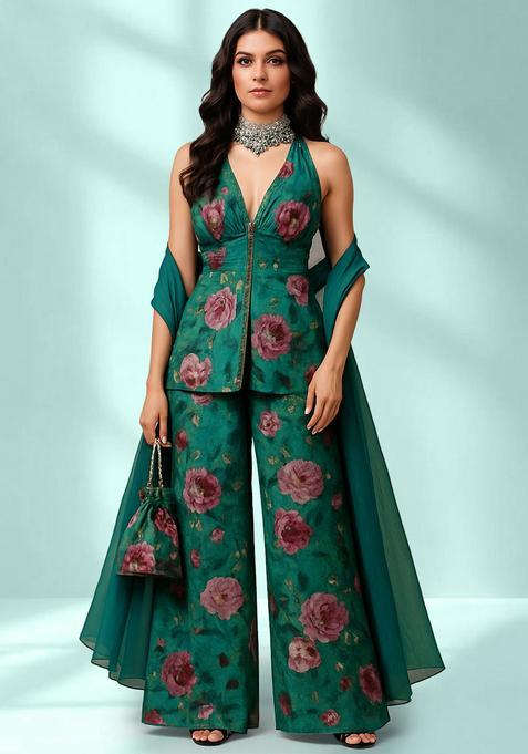 Green Chinon Floral Printed Fusion Set