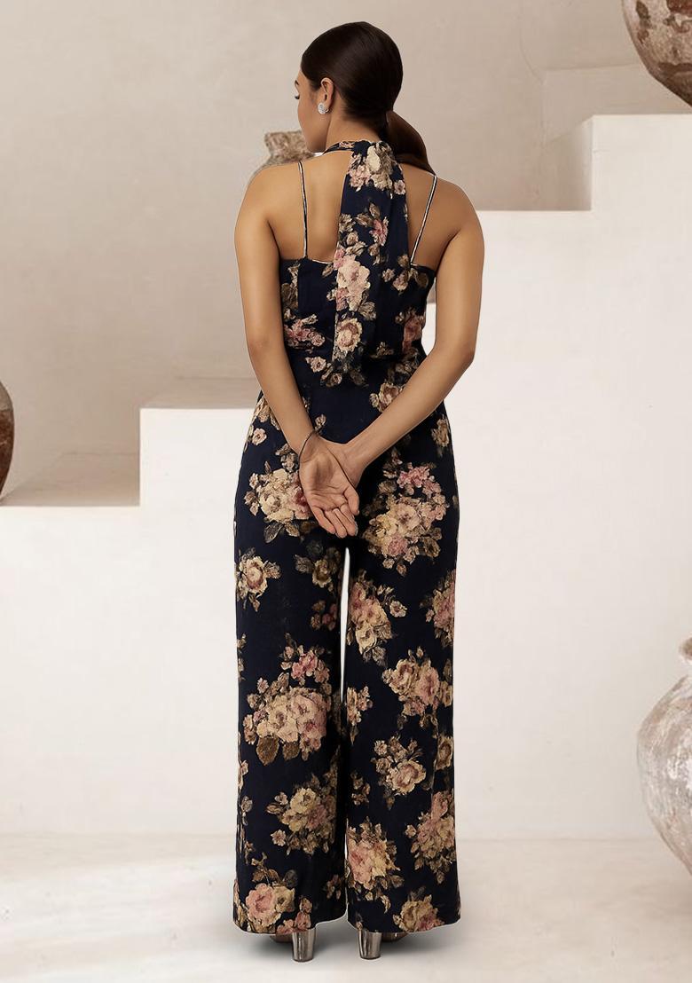 Black Satin Floral Printed Fusion Set - Indya