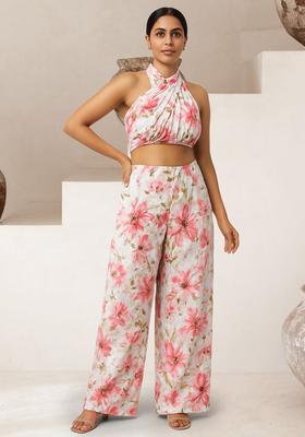 Light Pink Satin Floral Printed Fusion Set