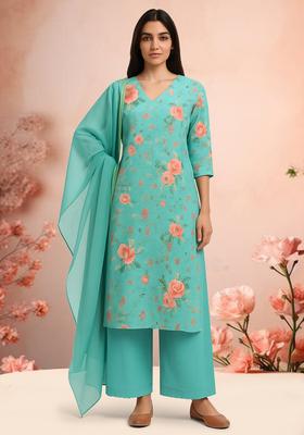 Sky Blue Floral Print Crepe Straight Kurta Set