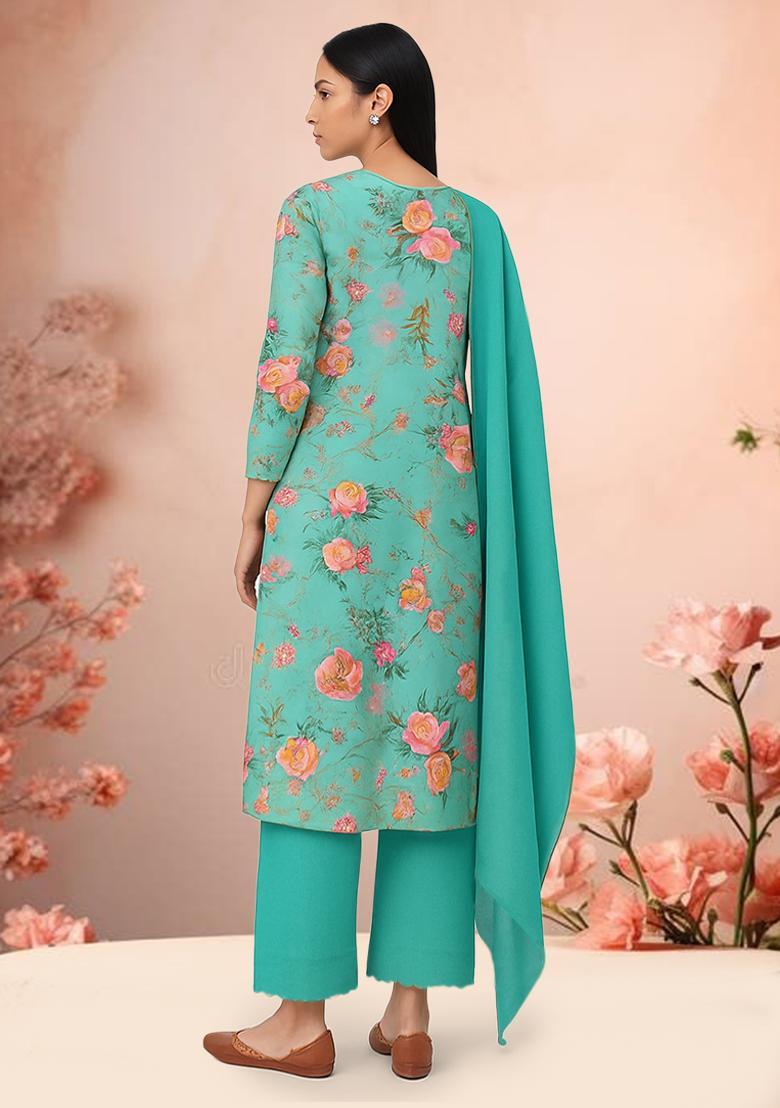 Sky Blue Floral Print Crepe Straight Kurta Set - Indya