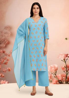 Sky Blue Floral Print Crepe Straight Kurta Set