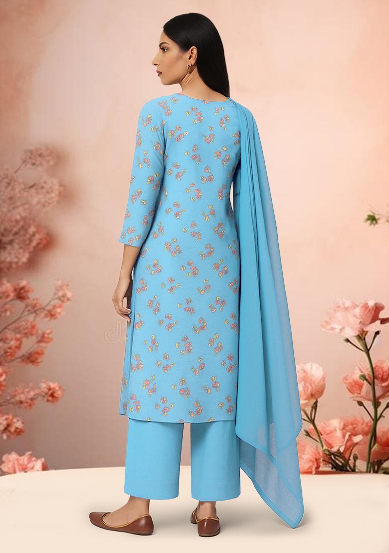 Sky Blue Floral Print Crepe Straight Kurta Set - Indya