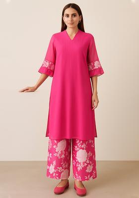 Pink Printed Satin Straight Kurta Set