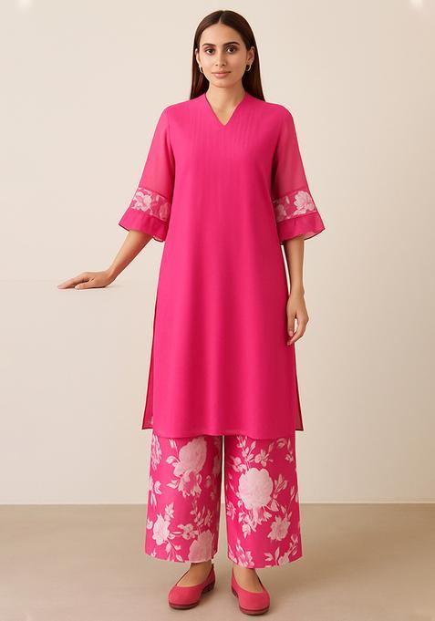 Pink Printed Satin Straight Kurta Set