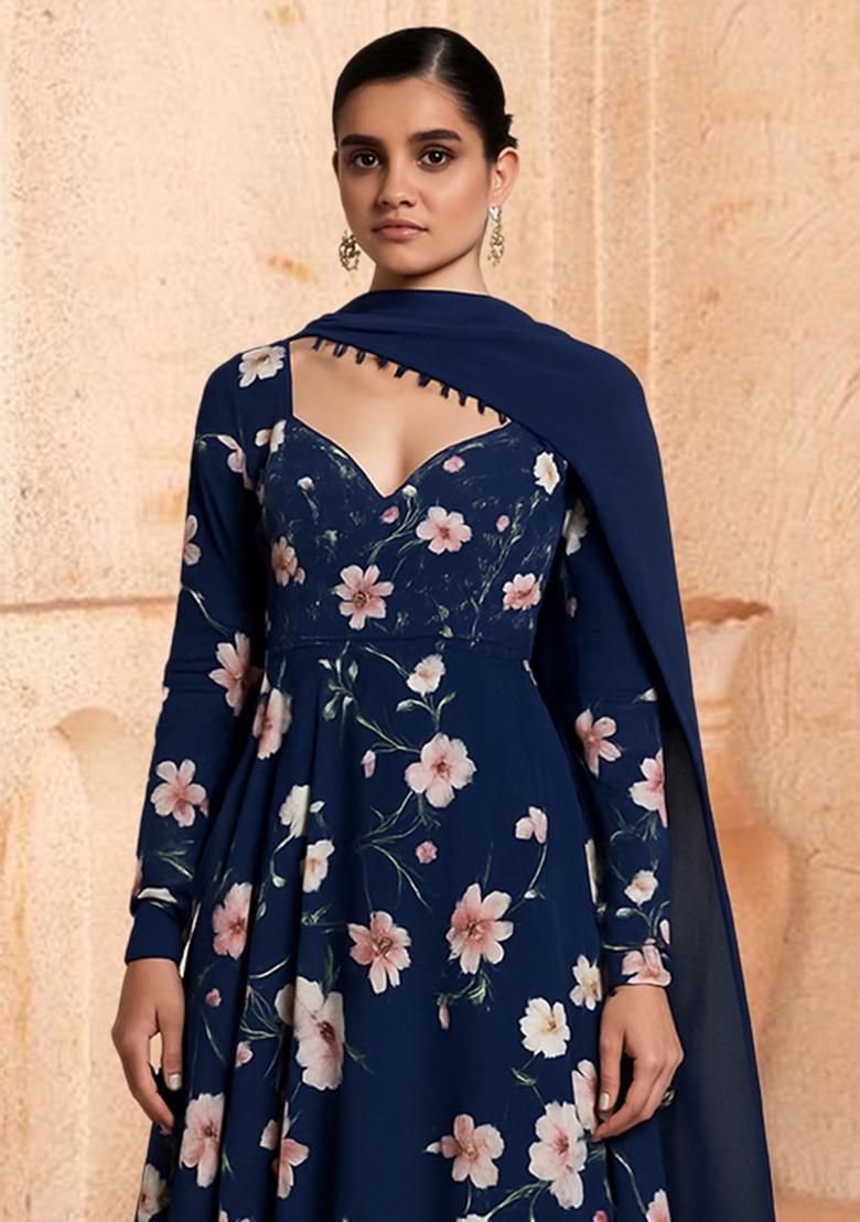 Navy Blue Crepe Floral Printed Anarkali Set - Indya