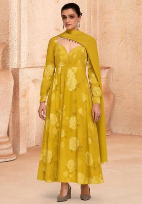 Yellow Chiffon Floral Printed Anarkali Set