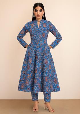 Blue Printed Silk Blend A Line Kurta Set