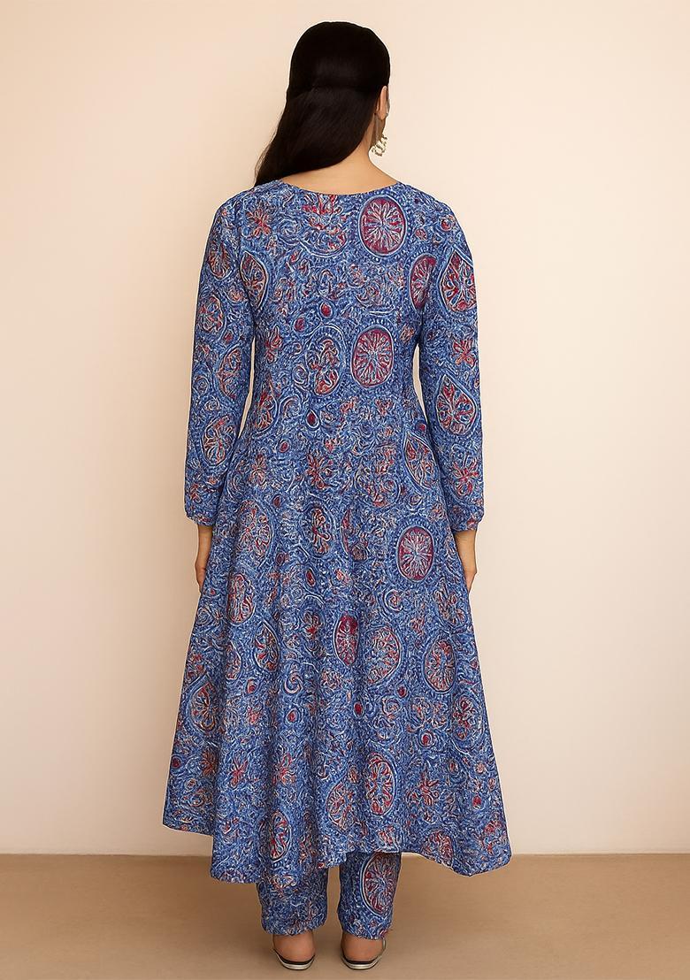 Blue Printed Silk Blend A Line Kurta Set - Indya