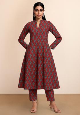 Maroon Printed Silk Blend A Line Kurta Set