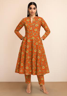 Orange Floral Print Silk Blend A Line Kurta Set