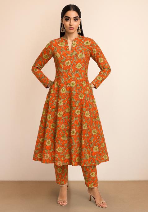 Orange Floral Print Silk Blend A Line Kurta Set