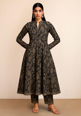 Dark Blue Printed Silk Blend Anarkali Set