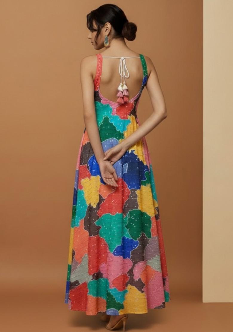 Multicolor Printed Embroidered Georgette Anarkali Set - Indya