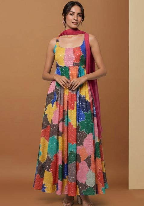 Multicolor Printed Embroidered Georgette Anarkali Set