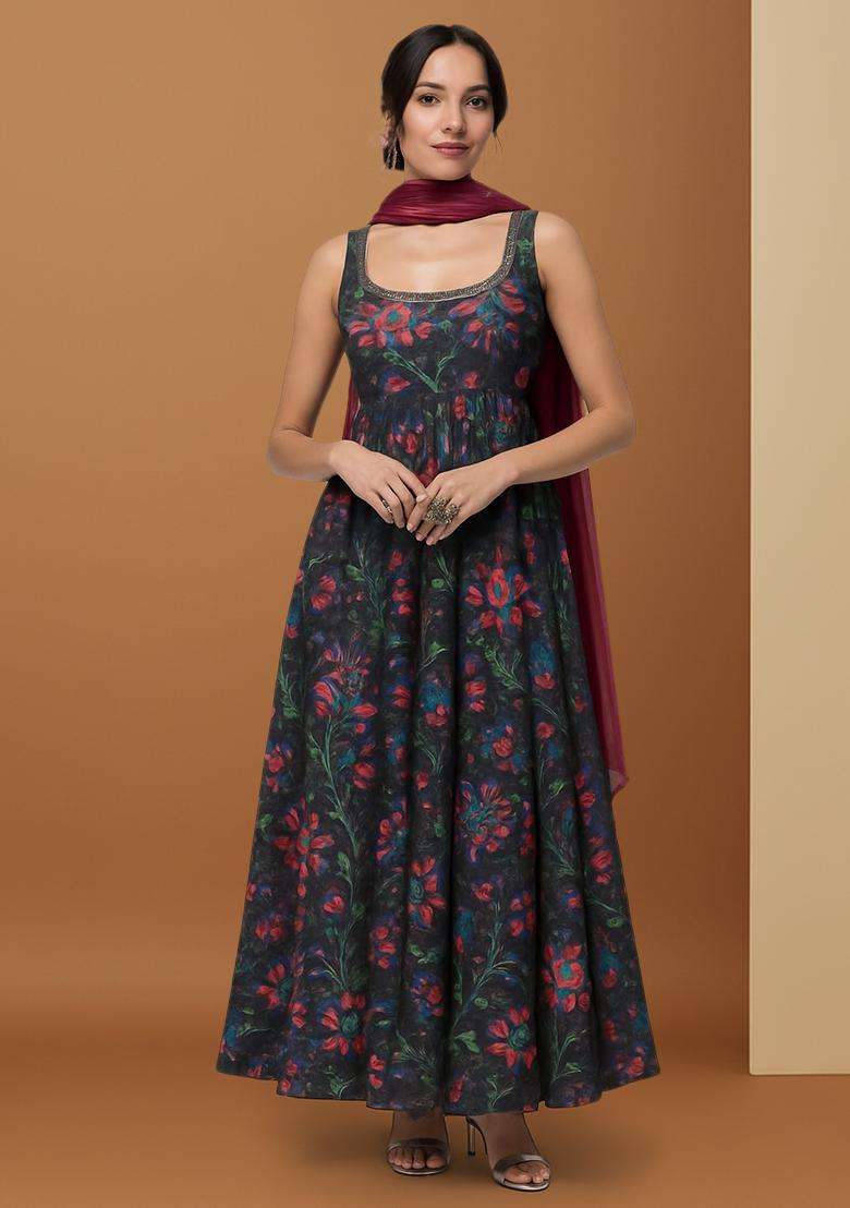 Black Printed Embroidered Georgette Anarkali Set - Indya
