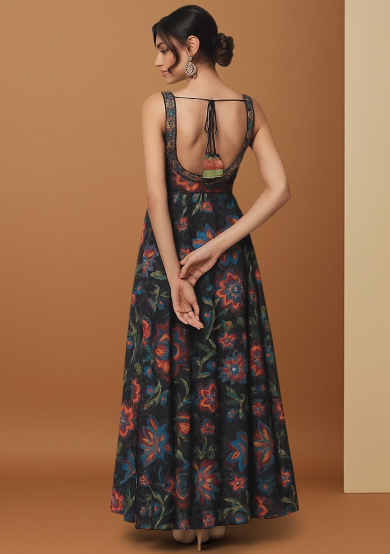 Black Printed Embroidered Georgette Anarkali Set - Indya