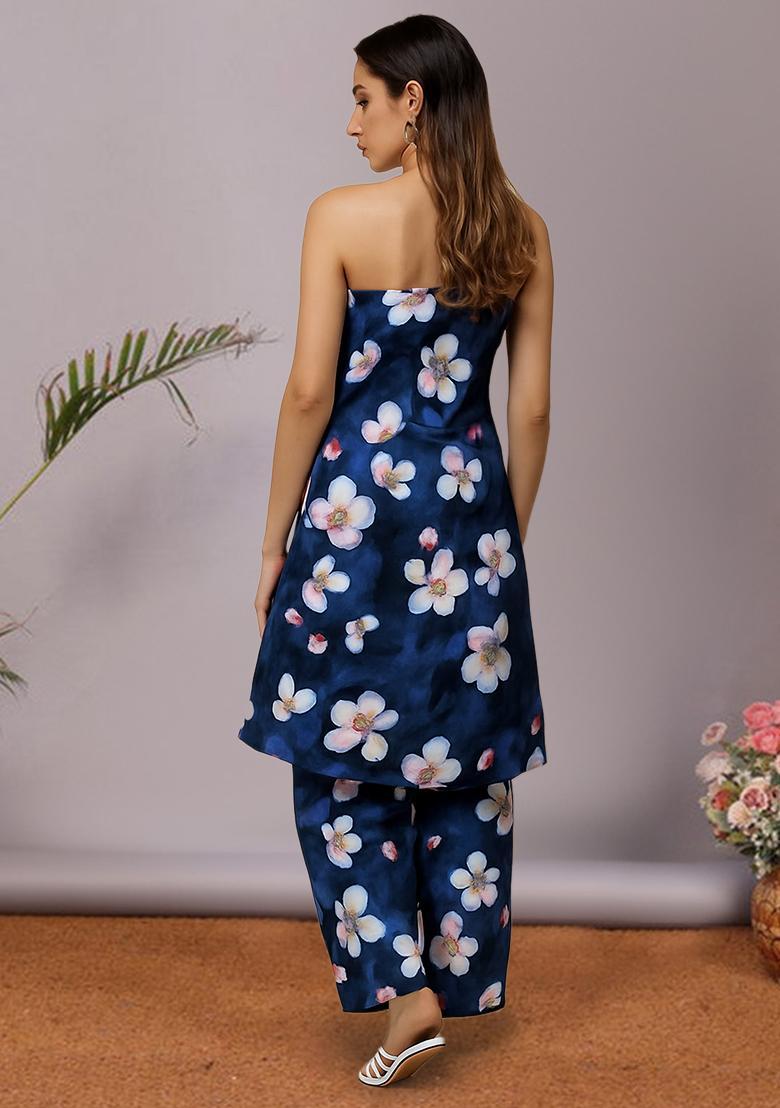 Navy Blue Floral Print Satin Co Ord Set - Indya