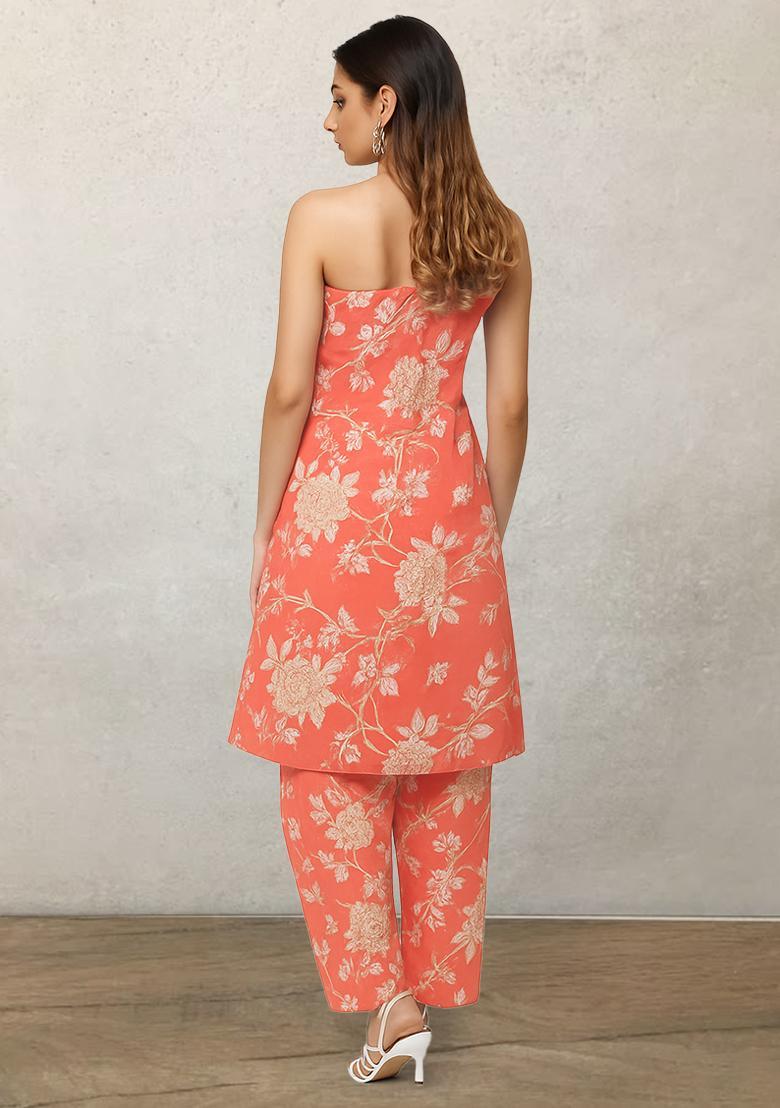 Peach Floral Print Satin Co Ord Set - Indya