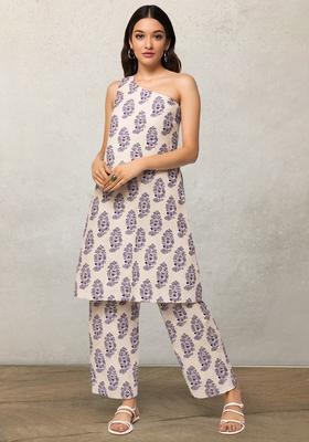 Off White Printed Satin Co Ord Set