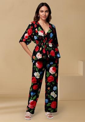 Black Floral Printed Crepe Fusion Set